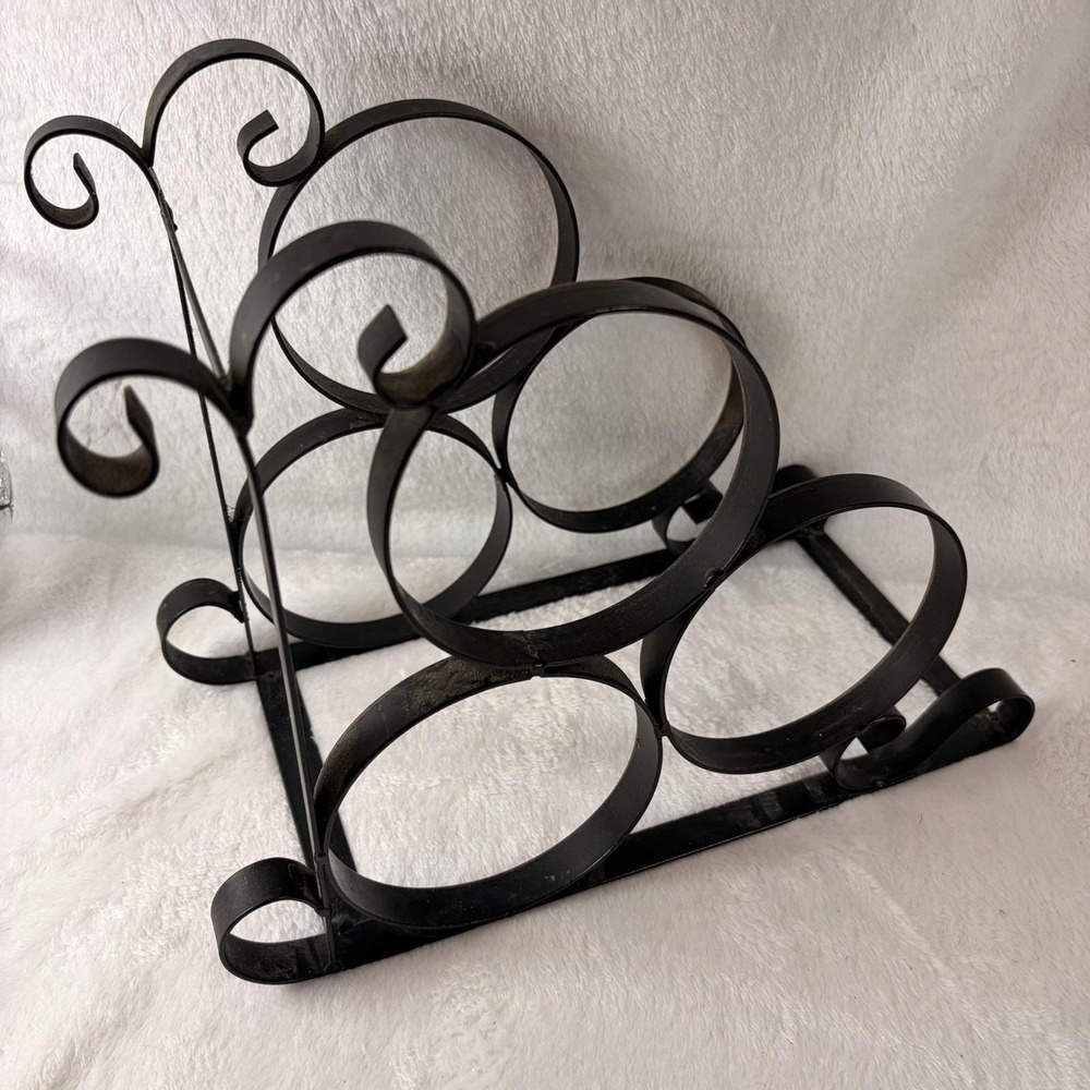 Vintage 80s Wrought Iron 6-Bottle Countertop Wine Rack Ornate Scroll Design GVC